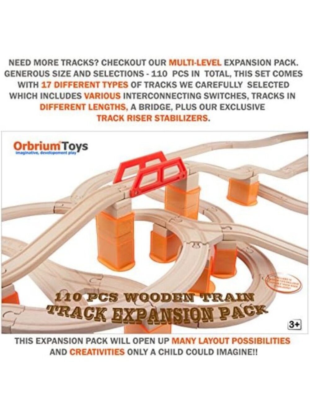 Multi-Level 110-Piece Wooden Train Track Expansion Pack with Stackable Risers - Picture 6 of 6